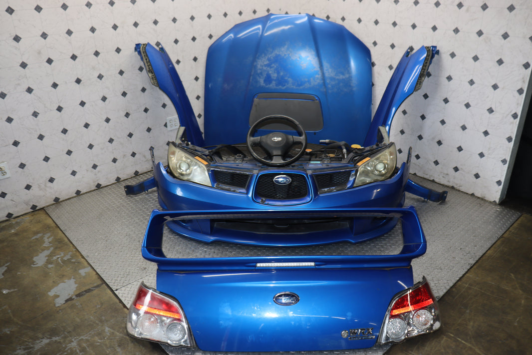 JDM 2006–2007 Subaru WRX STI Hawkeye Front-End Conversion – Blue WRX, HID Headlights, Aluminum Hood, Fenders & Bumper | JDM Seattle