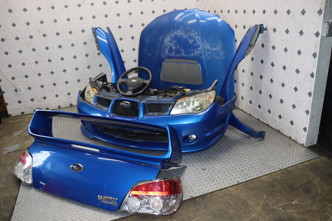 JDM 2006–2007 Subaru WRX STI Hawkeye Front-End Conversion – Blue WRX, HID Headlights, Aluminum Hood, Fenders & Bumper | JDM Seattle